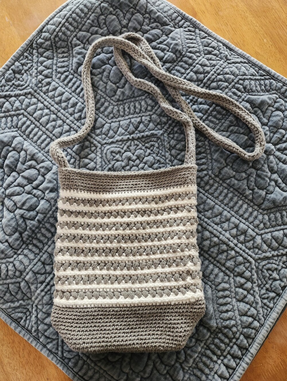 Handmade Crochet Grey & White Striped Shoulder Bag